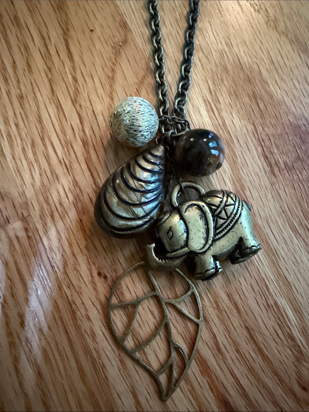 Antiqued Brass Elephant Charm Pendant Necklace - Brown Accent